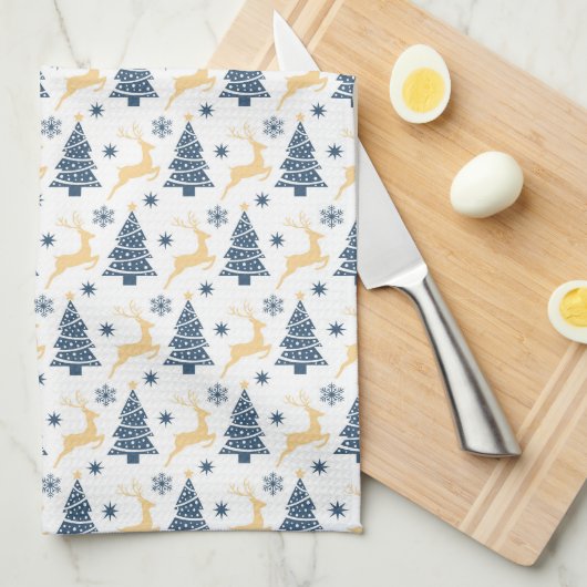 ブルークリスマスツリー&イエローホリデートナカイ キッチンタオル (四つ折り)