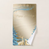 ブルークリスマスツリー、金ゴールドトナカイ、雪片 バスタオルセット (ハンドタオル)