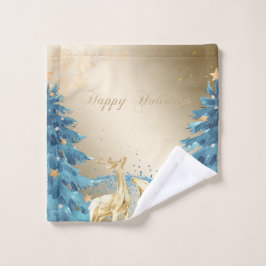 ブルークリスマスツリー、金ゴールドトナカイ、雪片 バスタオルセット