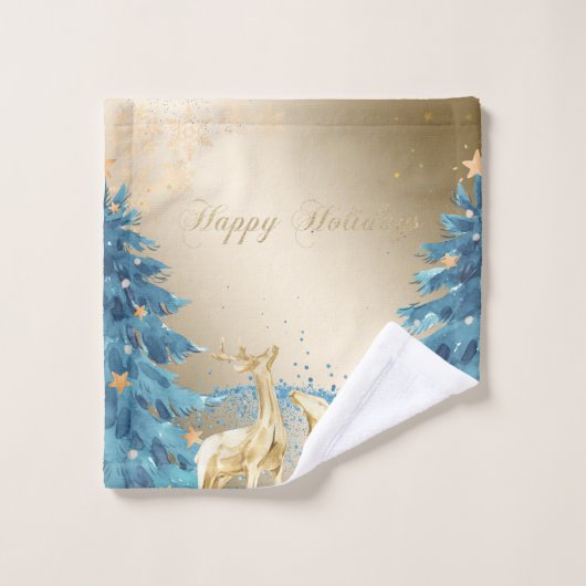 ブルークリスマスツリー、金ゴールドトナカイ、雪片 バスタオルセット (ウォッシュタオル)