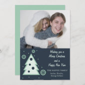 ブルークリスマスツリーn雪片ホリデーフォトカード シーズンカード (正面/裏面)