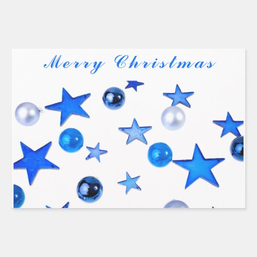 ブルークリスマスデコレーションオーナメントと文字 ラッピングペーパーシート (正面2)