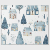 ブルークリスマスハウスと木 ラッピングペーパー (フラット)