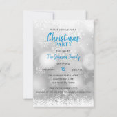 ブルークリスマスパーティーシルバースノーフレーク雪 招待状 (正面)