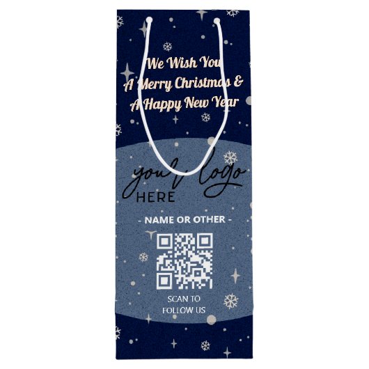 ブルークリスマスビジネスロゴQRスノーフレーク ワインギフトバッグ (裏面)