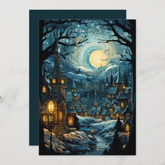 ブルークリスマスビレッジアートホリデーフラットカード シーズンカード (正面/裏面)