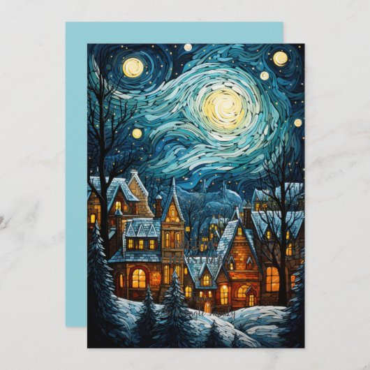 ブルークリスマスビレッジアートホリデーフラットカード シーズンカード (正面/裏面)