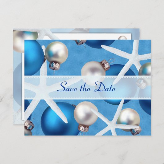 ブルークリスマスビーチ結婚式日付カードの保存 案内ポストカード (正面/裏面)