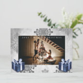 ブルークリスマスプレゼントと雪片フォトカード シーズンカード (スタンド正面)