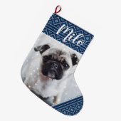 ブルークリスマスペパーソナライズされたット写真ストッキング ラージクリスマスストッキング (正面 (吊り時))