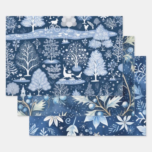 ブルークリスマスホリデー自然ウッドランドウィンター ラッピングペーパーシート (セット)