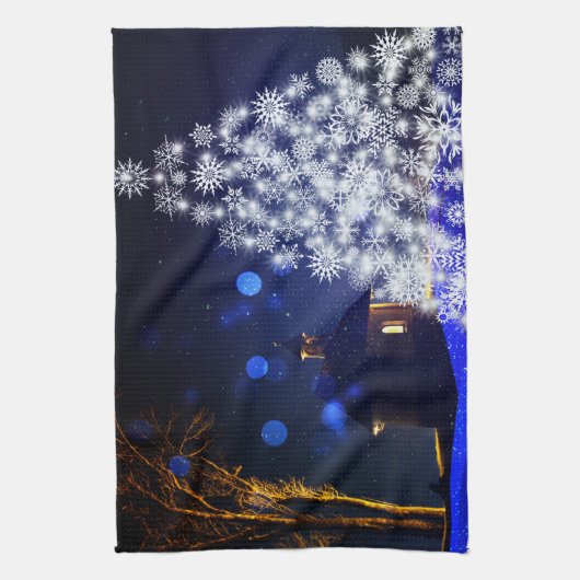 ブルークリスマスホワイトツリーの休日 キッチンタオル (縦)