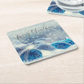 ブルークリスマスボール《写真》ぼけ味 スクエアペーパーコースター (アングル)