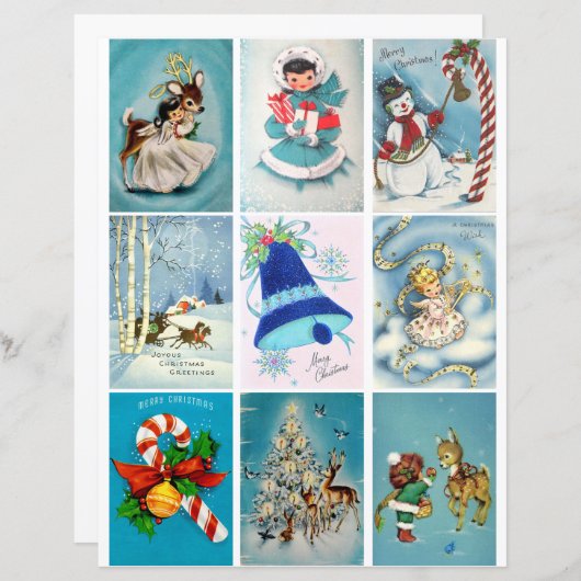 ブルークリスマスヴィンテージカードクリップアートシート (正面/裏面)
