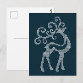 ブルークリスマス刺繍トナカイ季節デザイン ポストカード (正面/裏面)