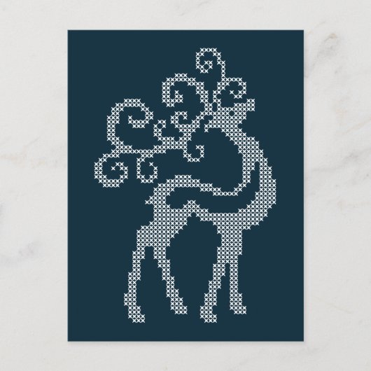 ブルークリスマス刺繍トナカイ季節デザイン ポストカード (正面)