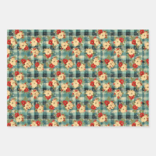 ブルークリスマス動揺してのプレイド水の色花模様 ラッピングペーパーシート (正面3)