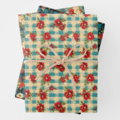 ブルークリスマス動揺してのプレイド水の色花模様 ラッピングペーパーシート (インサイチュ)