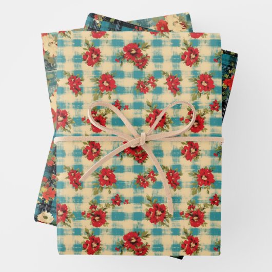 ブルークリスマス動揺してのプレイド水の色花模様 ラッピングペーパーシート (インサイチュ)
