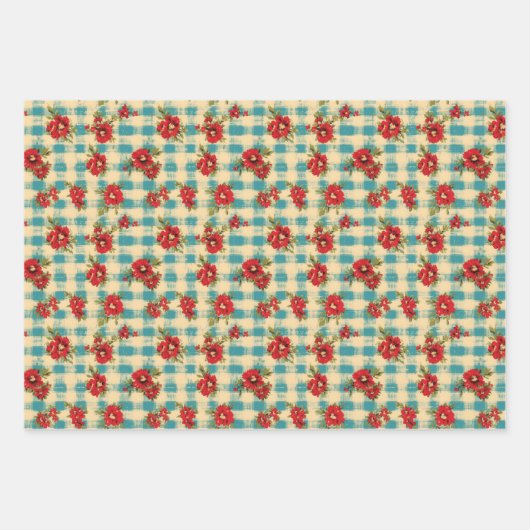 ブルークリスマス動揺してのプレイド水の色花模様 ラッピングペーパーシート (正面)