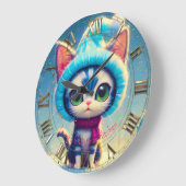 ブルークリスマス子猫 ラージ壁時計 (傾斜)