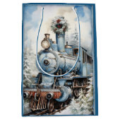 ブルークリスマス飾ヴィンテージ機関車 ミディアムペーパーバッグ (正面)