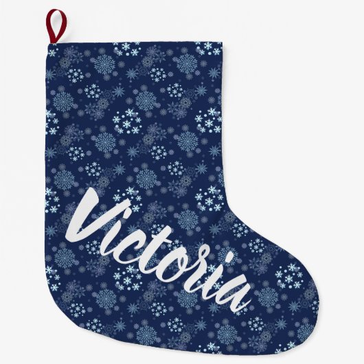 ブルークリスマス 上品なスノーフレーク柄 ラージクリスマスストッキング (正面)