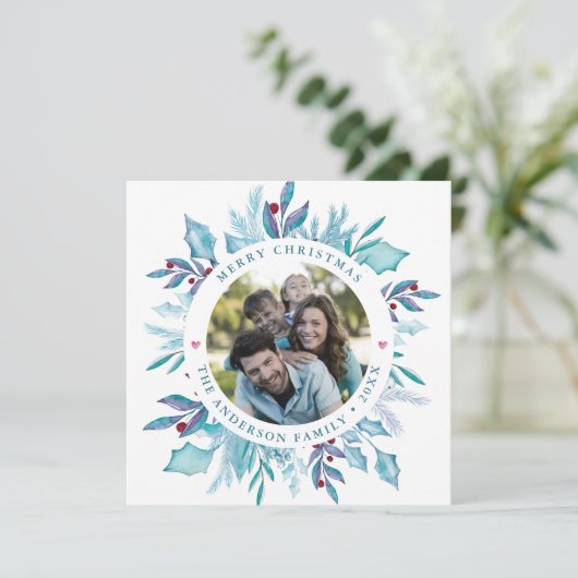 ブルークリスマス |水彩メリーヤドリギの写真 シーズンカード (スタンド正面)