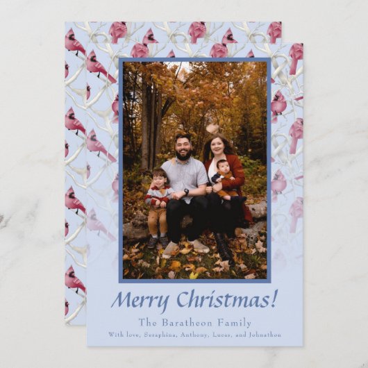 ブルークリスマス（鳥）ショウジョウコウカンチョウパーソナライズされたファミリー シーズンカード (正面/裏面)