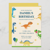 ブルークリームおもしろい子供の恐竜の誕生日パーティー 招待状 (正面/裏面)