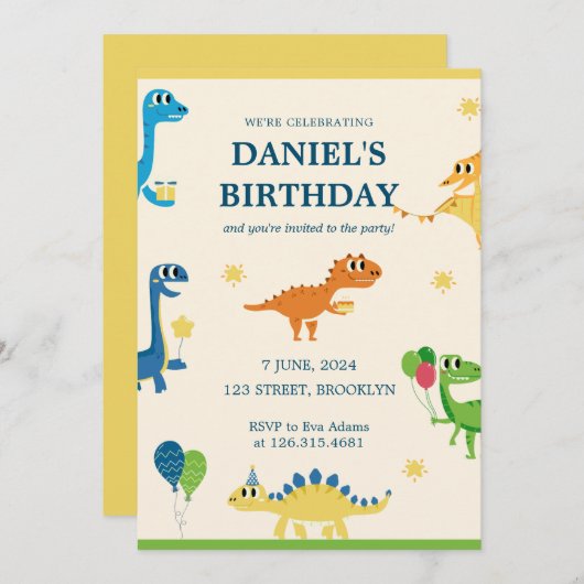 ブルークリームおもしろい子供の恐竜の誕生日パーティー 招待状 (正面/裏面)