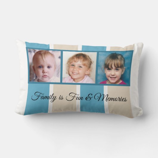 ブルークリームとホワイトフォトコラージュのファミストライプのリ ランバークッション (裏面)