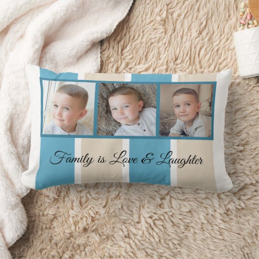 ブルークリームとホワイトフォトコラージュのファミストライプのリ ランバークッション (ブランケット)