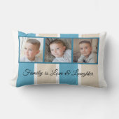 ブルークリームとホワイトフォトコラージュのファミストライプのリ ランバークッション (正面)