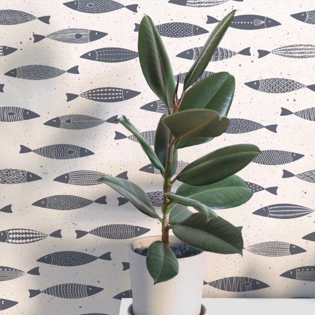 ブルークリームのイワシ 壁紙 (Fun coastal sardines fish wallpaper in indigo blue and cream)