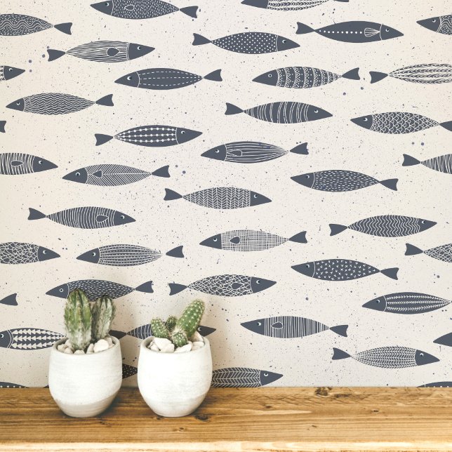 ブルークリームのイワシ 壁紙 (Fun coastal sardines fish wallpaper in indigo blue and cream)