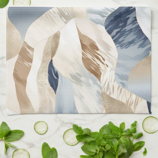ブルークリームアイボリー抽象芸術ウェーブビーチ キッチンタオル (折り畳み)