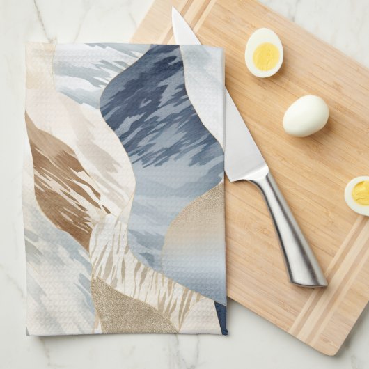 ブルークリームアイボリー抽象芸術ウェーブビーチ キッチンタオル (四つ折り)