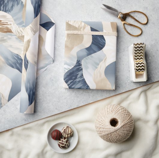 ブルークリームアイボリー抽象芸術ウェーブビーチ ラッピングペーパー (クラフト)