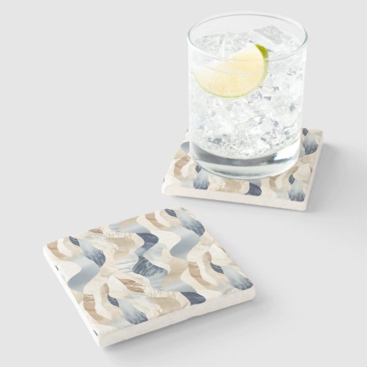 ブルークリームサンドアイボリー抽象芸術ウェーブビーチ ストーンコースター (横)