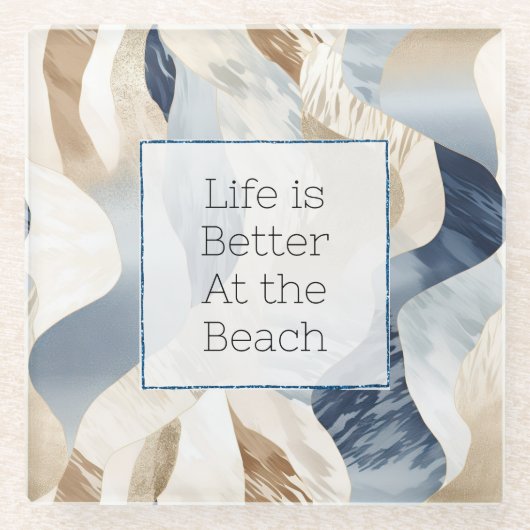 ブルークリームシーサンド抽象芸術 ガラスコースター (正面)