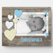 ブルークリームハート素朴なベビー写真と名前 フォトプラーク (正面)