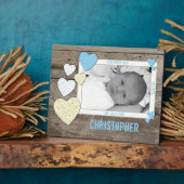 ブルークリームハート素朴なベビー写真と名前 フォトプラーク (側面)