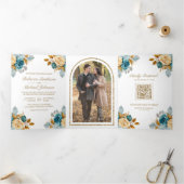 ブルークリームフローラ金ゴールドQRコードフォト結婚ズ 三つ折り招待状 (内部)