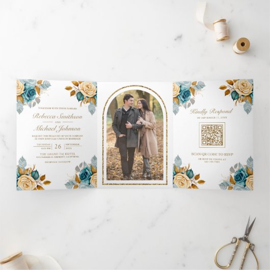 ブルークリームフローラ金ゴールドQRコードフォト結婚ズ 三つ折り招待状 (内部)