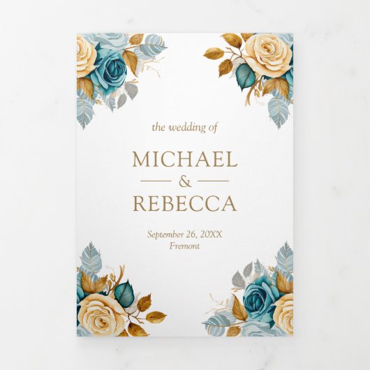 ブルークリームフローラ金ゴールドQRコードフォト結婚ズ 三つ折り招待状 (カバー)