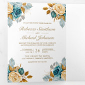 ブルークリームフローラ金ゴールドQRコードフォト結婚ズ 三つ折り招待状 (内部最初)