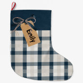 ブルークリームプレイドクラフトラベルパーソナライズされた  ラージクリスマスストッキング (正面)