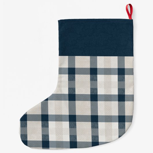 ブルークリームプレイドクラフトラベルパーソナライズされた ラージクリスマスストッキング (裏面)