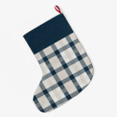 ブルークリームプレイドクラフトラベルパーソナライズされた  ラージクリスマスストッキング (裏面 (吊り時))